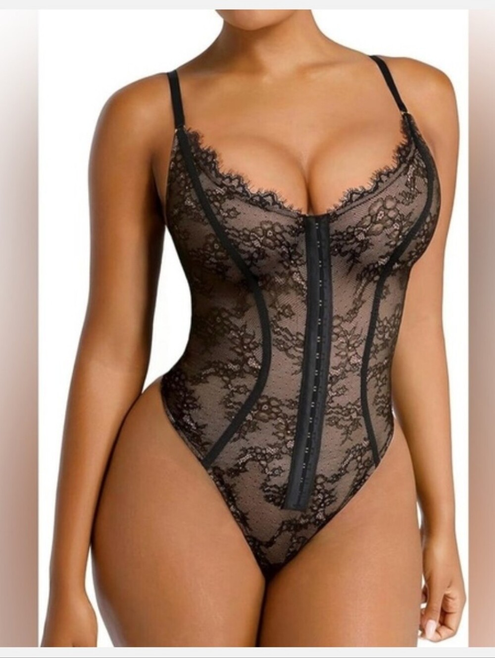 Shapellx Black Lace Thong Shapewear Bodysuit